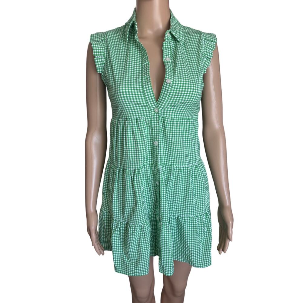 Cottagecore Picnic Prairie Tiered Mini Dress Coquette Gingham Green XS